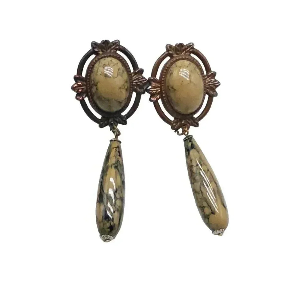 Beige Jasper Dangle Drop Earrings Brass Tone Clip-On Closure Vintage